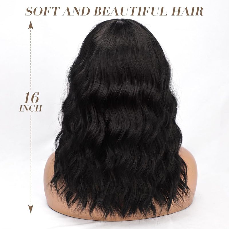 Perruque synthétique courte et ondulée pour femme – Bob noir avec frange et texture ondulée (bonnet intégral résistant à la chaleur)_voghion.com