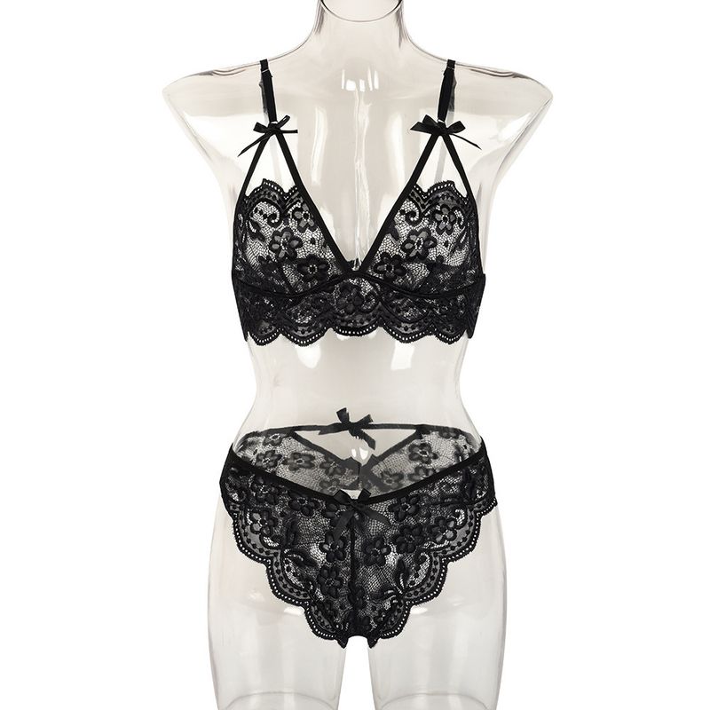 Women's Intimates New Bow Deep V Jacquard Two Piece Sexy Lingerie_voghion.com