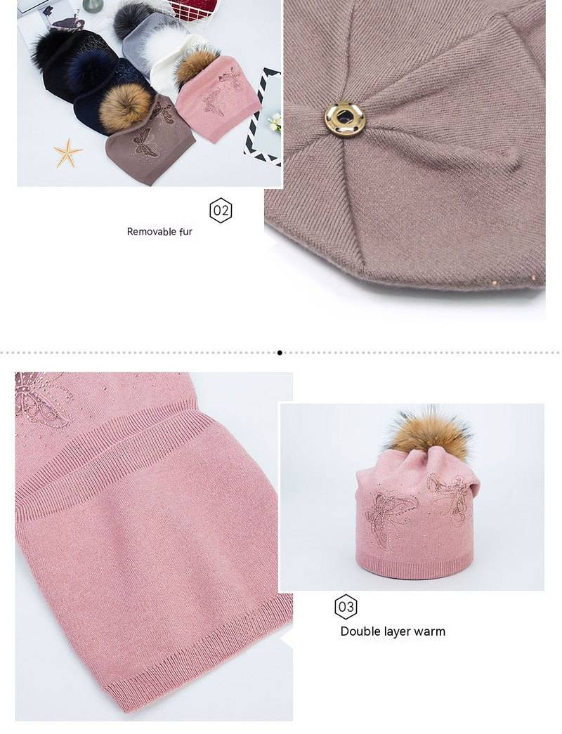 Women's Winter Fur Raccoon Ball Warm Hot Diamond Hollow Butterfly Knitted Versatile Fashion Pullover Hat_voghion.com