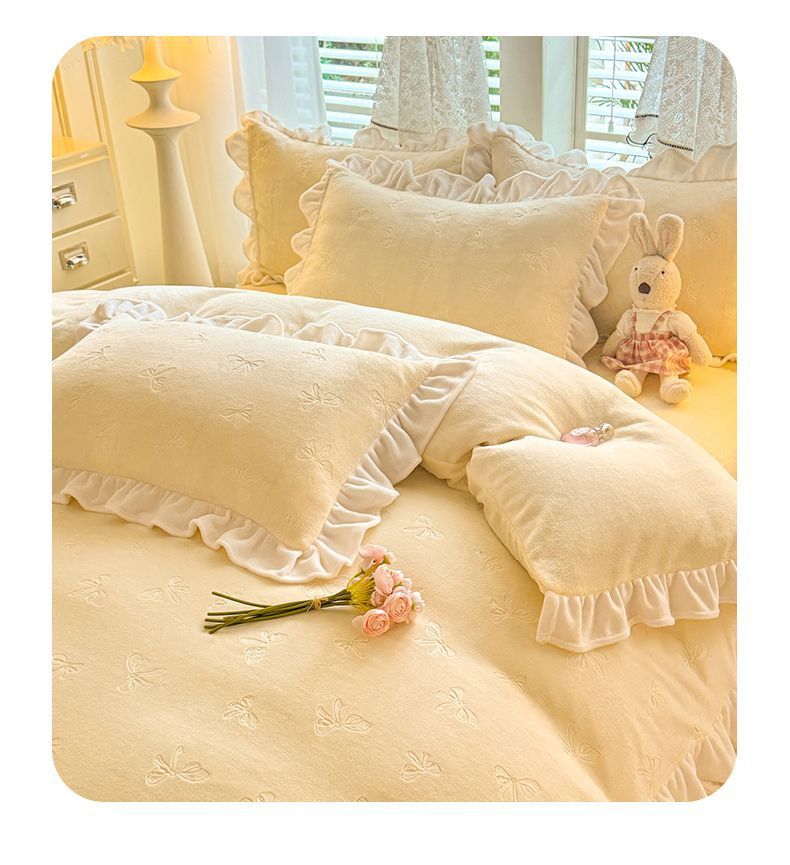 Korean Version Milk Four-Piece Fresh Lace Double-Sided Bed Sheet Duvet Cover Three-Piece Set Thickened Coral Velvet_voghion.com