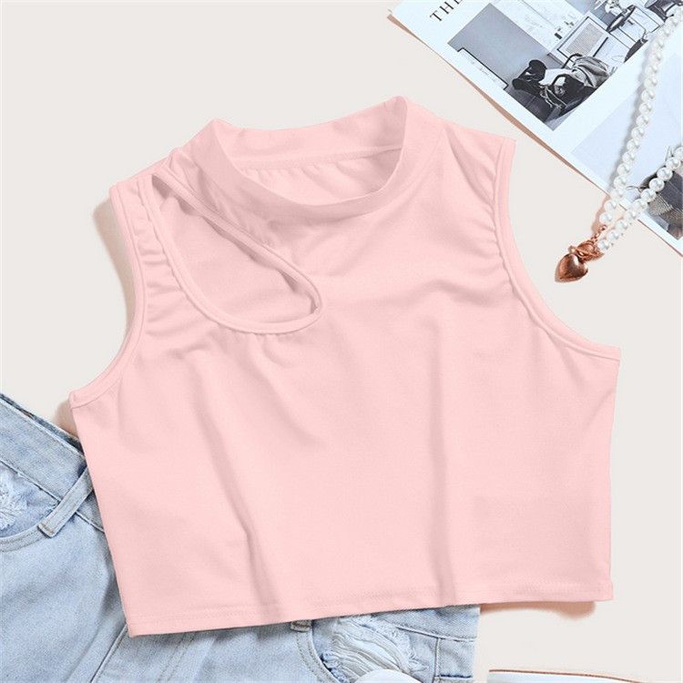 Women's Clothing Green Solid Color High Waist Stitching Pullover Navel Exposed Round Neck Slim Fit Small Short Vest_voghion.com