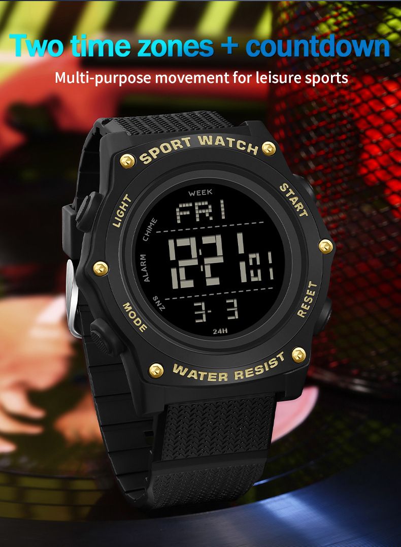 Montre de sport numérique multifonction, étanche, rétroéclairage LED, alarme et chronomètre, design unisexe pour un usage quotidien. Montre électronique étanche._voghion.com