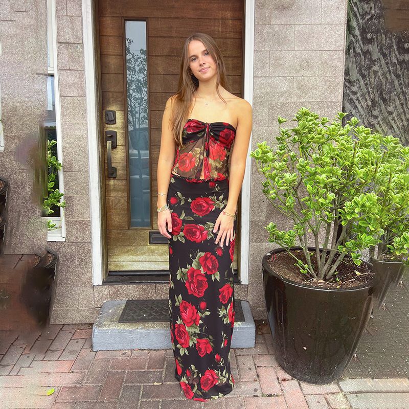 Women's Clothing Fashion Mesh Printed Tube Top Skirt Suit Summer New Slim Fit_voghion.com