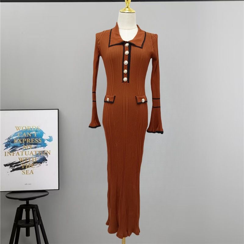 Inspired Strickkleid mit Babydoll-Kragen – X-Linien-Langarmkleid für Damen mit ausgestelltem Saum und Knopfdetail (S-XL, einfarbig, hohe Taille)_voghion.com