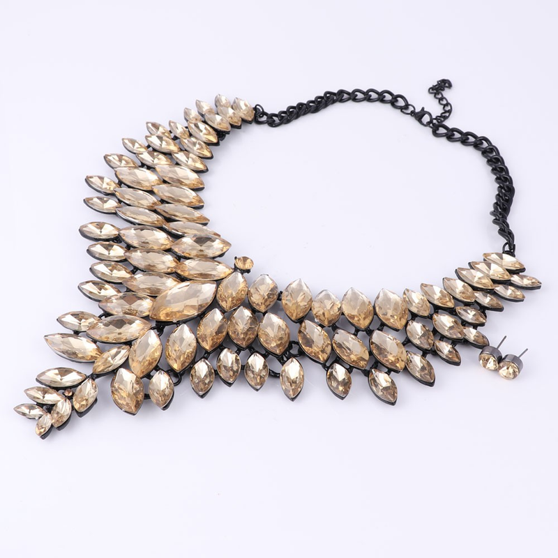 Schwarze Kette Kristall Braut Statement-Schmuck-Set für Bräute Halskette Ohrring Hochzeit Zubehör Schmuck-Sets_voghion.com