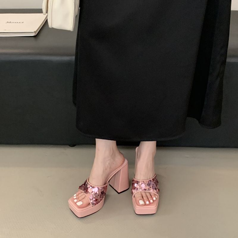 2025 Summer High Heel Slippers, Outdoor Sequins Thick Heel Waterproof Platform Square Open Toe Sandals_voghion.com