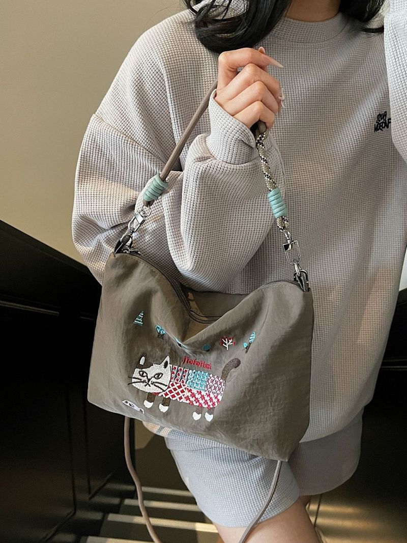 Heavy Embroidered Cat Nylon Tote For Women, Casual Outdoor Commuter Crossbody Bag, Versatile Shoulder Bag_voghion.com