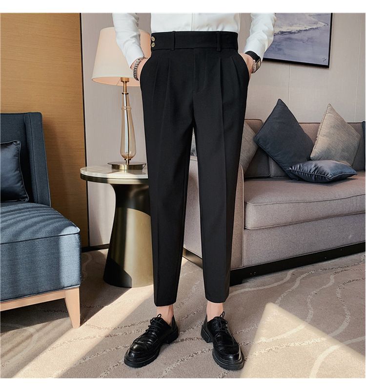 Pantaloni napoletani da uomo nuovi di zecca, in twill strutturato, con vita a pieghe, design casual a nove punte, vita media e alta_voghion.com