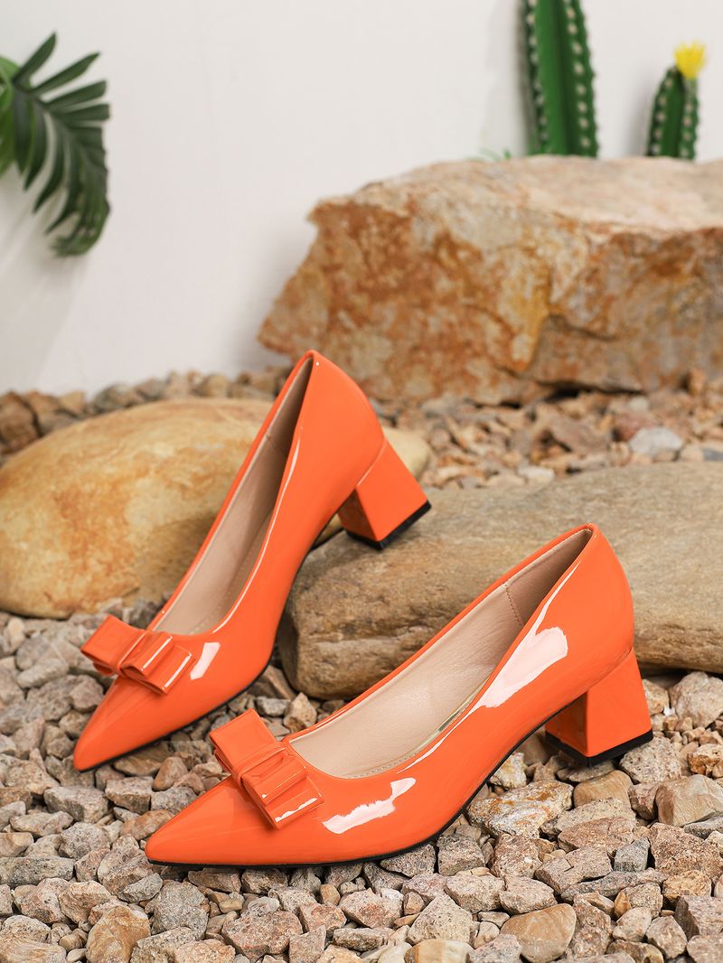 Chunky heel shoes New pointy bow heels_voghion.com