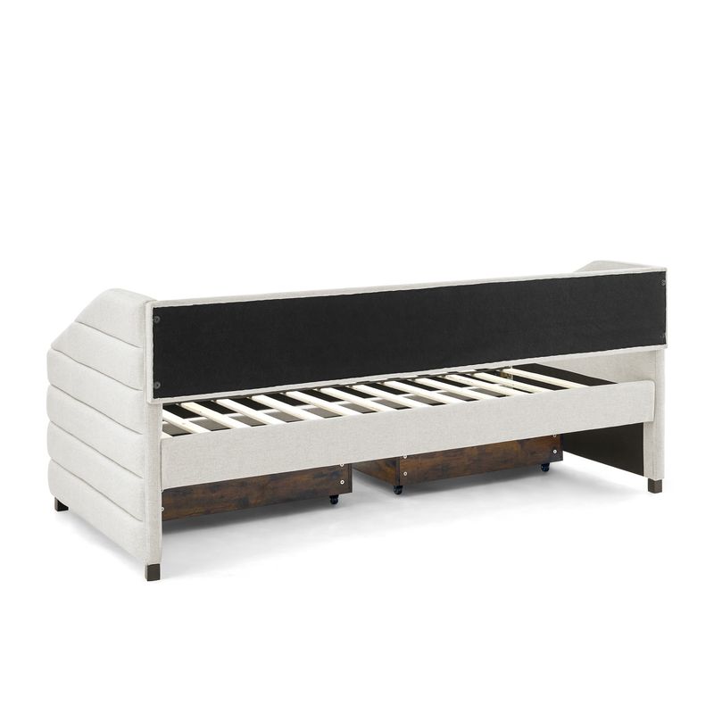 Twin Size Daybed with Two Drawers Trundle Upholstered Tufted Sofa Bed, Linen Fabric, Beige (82.5"x42.5"x34")_voghion.com