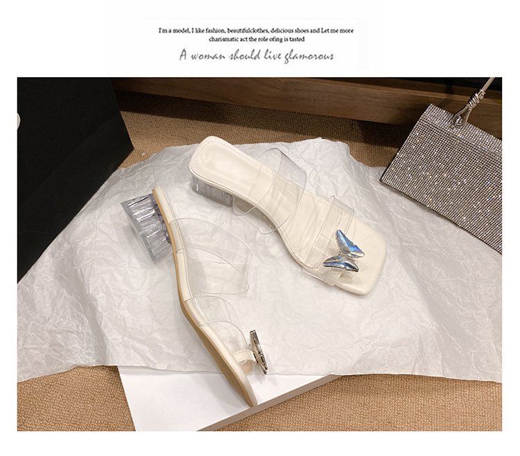 Damen-Pantoletten mit transparentem Absatz und Kristallverzierung – 8,9 cm hoher Blockabsatz und Schmetterlings-Zehenring (eleganter Stil)_voghion.com