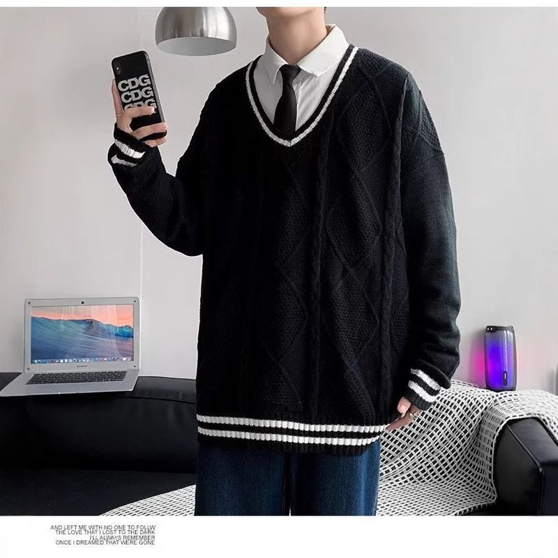 Populäre Teenager-Trend laangärmlech lässeg einfach normal Hierschtpullover mat kontrastéierendem Sträifen, V-Ausschnëtt, Wanterweste_voghion.com