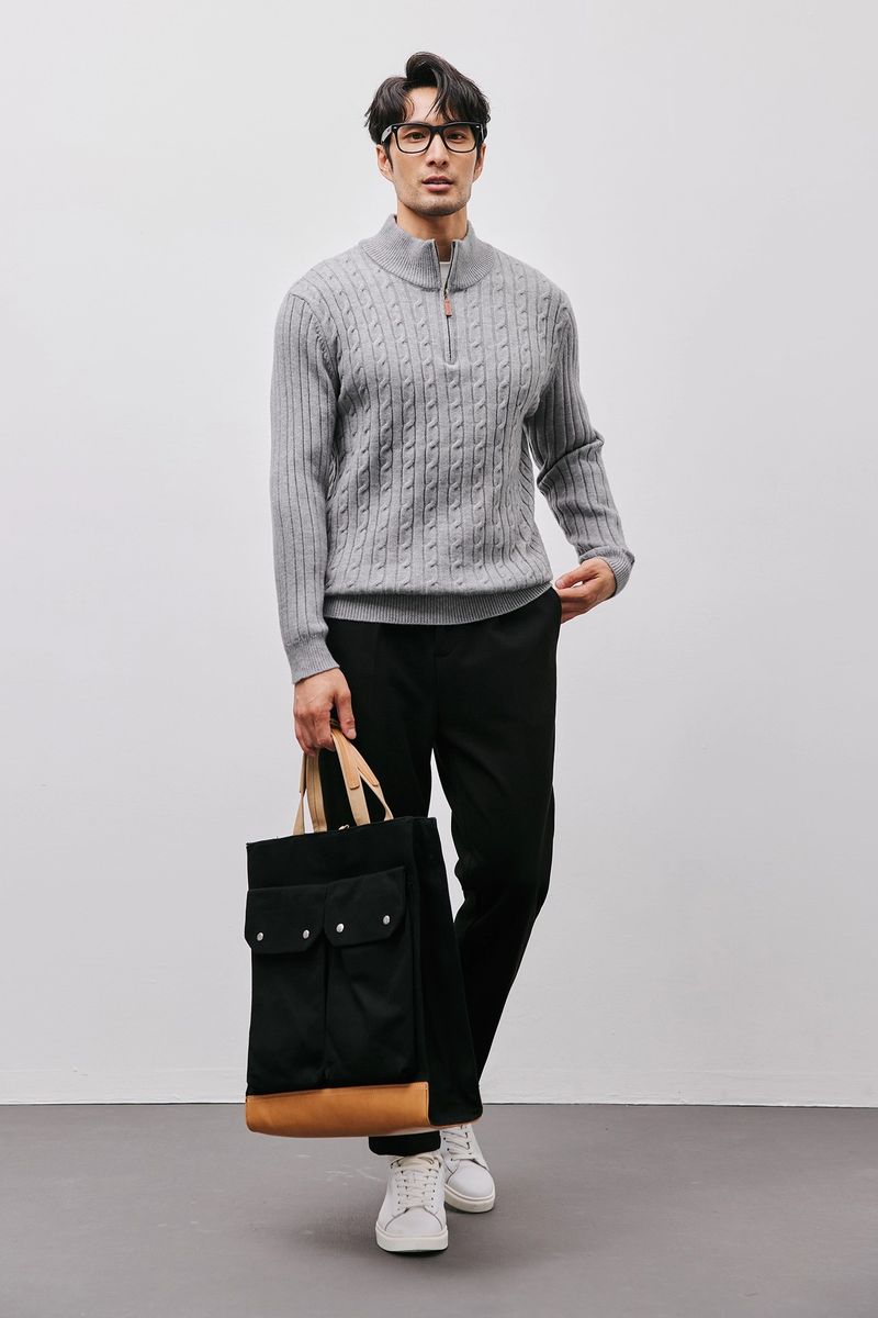 Strickpullover mit halbem Reißverschluss für Herren, Zopfmuster-Stehkragen, Oberbekleidung für Herbst und Winter, leichter Stil, Business Casual_voghion.com