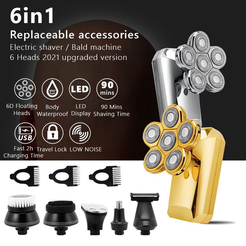 Rasoir électrique 4D 6 en 1 pour hommes, rechargeable, 6 têtes flottantes, tondeuse à barbe, nez, oreilles, cheveux, tête chauve pour hommes, rasoir, tondeuse, visage_voghion.com