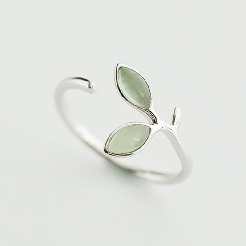 Bague nouvelle, simple et tendance, feuille et opale, bijoux en plaqué argent, bague géométrique ouverte avec branche verte_voghion.com