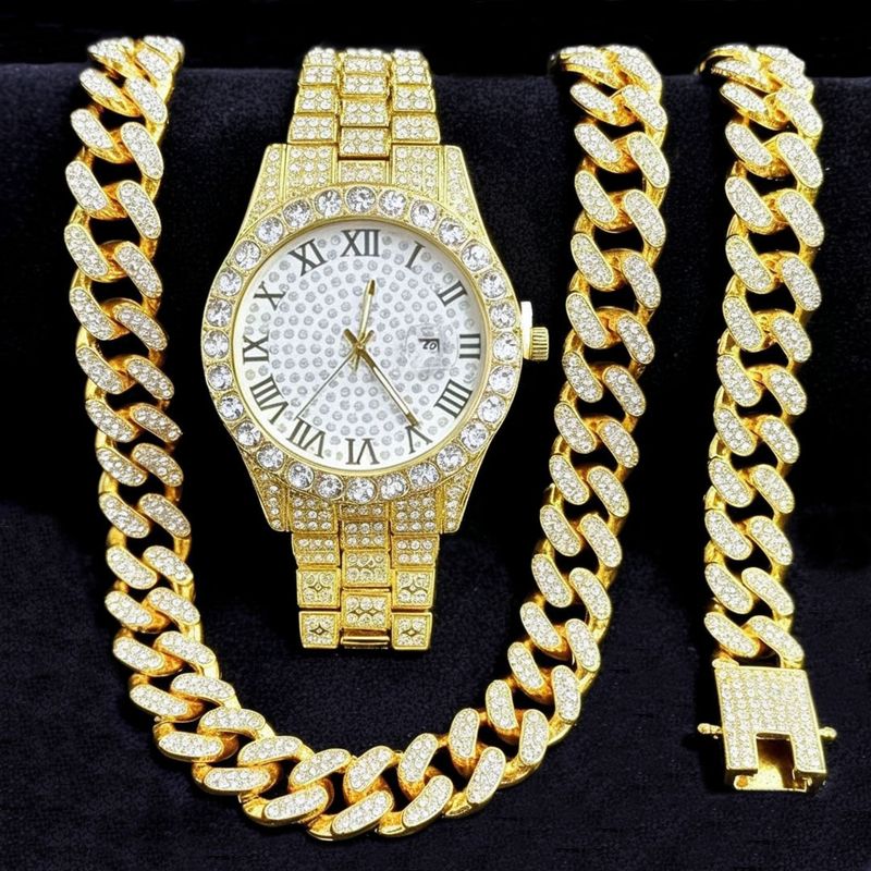 Men's Hip Hop Quartz Watch Set With Diamond Accents - 43mm Large Dial Watch + Matching Bracelet & Necklace - Stylish Three-Piece Jewelry Gift For Men_voghion.com