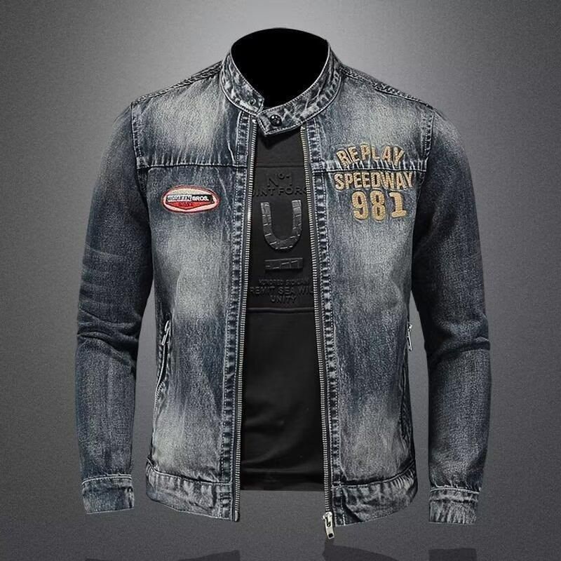 Men's Clothing Men's Denim Jacket Casual Retro Large Size Stand Collar Zipper Jacket Cycling Motorcycle Wear Trendy_voghion.com