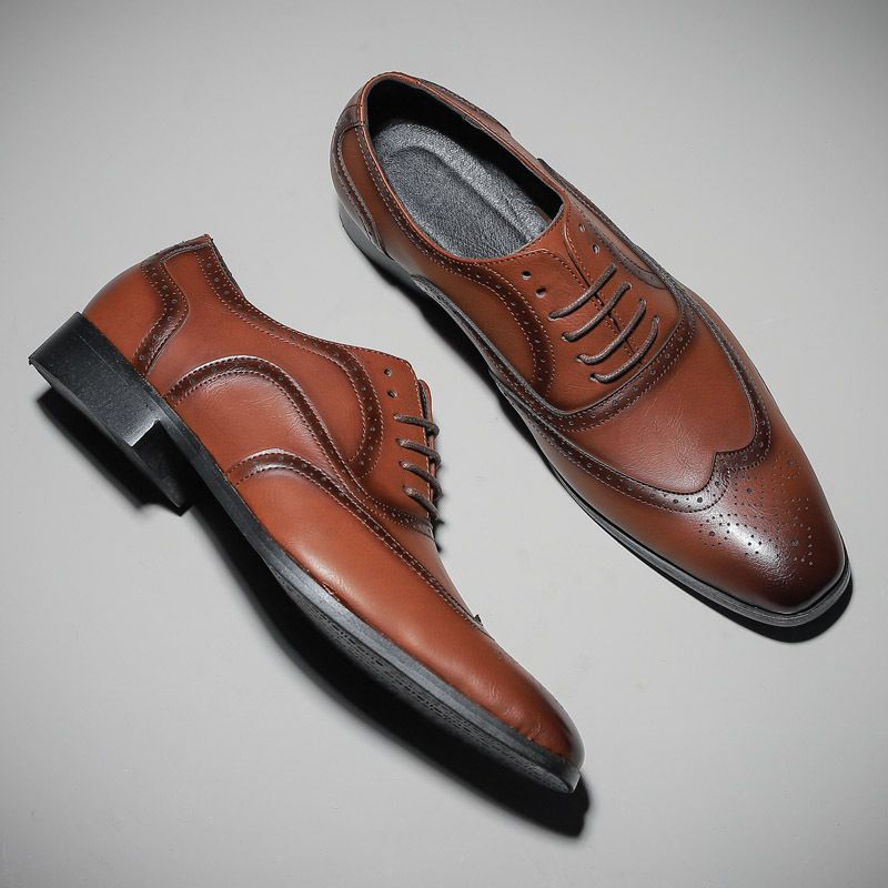 Unbeatable Quality Men's Block Business Casual Formal Shoes, Spring Low Cut, Carved, Polished Leather Surface, Large Size, Pointed Toe_voghion.com