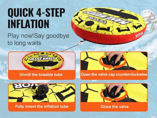 VEVOR Towable Tube For Boating, 1-3 Riders Inflatable Boat Tubes And Towables, 510 Lbs, 63" Round Water Sport Towable Tubes For Boats To Pull, Full Nylon Cover, EVA Grab Handles And Speed Safety Valve_voghion.com