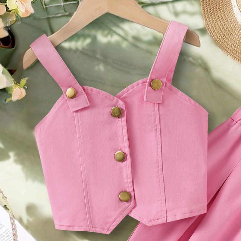Traje de trabajo para madres e hijos, para niñas, color liso, con tirantes y botonadura sencilla, de mezclilla, talla pequeña y mediana, de dos piezas._voghion.com