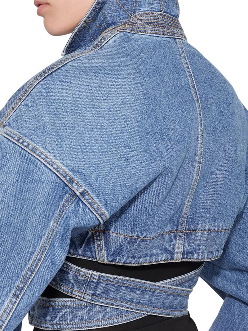 Design Sense Top Coat con revers incrociati, cintura in vita traforata, giacca corta in denim da donna_voghion.com