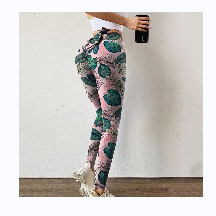 Pantaloni da yoga da yoga da donna con stampa multicolore antirughe sull'anca, dimagranti a vita alta, con fiocco elasticizzato_voghion.com