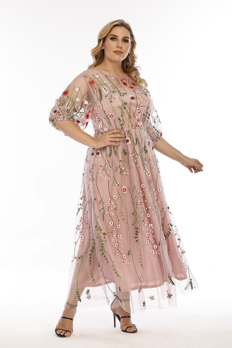 Sukienka damska plus size, wieczorowa, kobieca, haftowana siateczka, bankietowa, imprezowa, midi_voghion.com