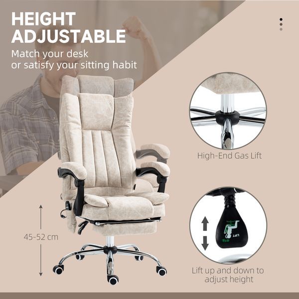 Vinsetto Microfiber Office Chair, High Back Computer Chair With 6 Point Massage, Heat, Adjustable Height And Retractable Footrest, Cream White_voghion.com