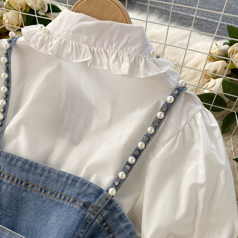 Sieviešu modes krekls ar pufām piedurknēm, augšējais bārkstis pērļu pavadas veste divdaļīgs komplekts_voghion.com