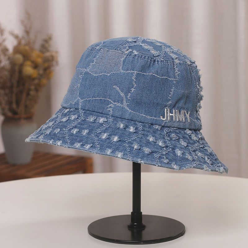 Simple Letter Embroidered Denim Bucket Hat Women's New Ripped Breathable Sunshade Washbasin Hat_voghion.com