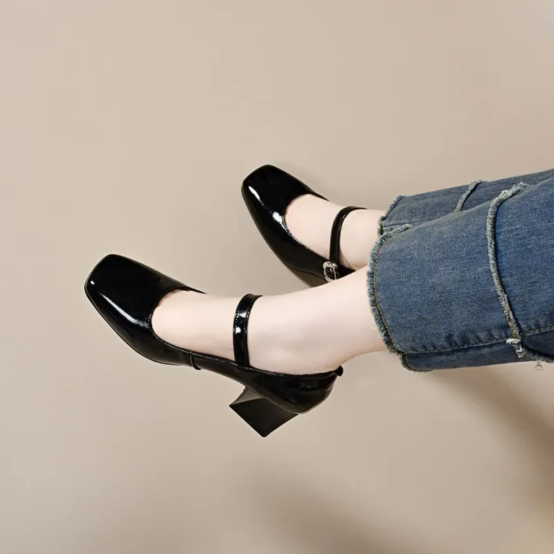 Square Toe High Heels For Women 2025 Spring New One-Strap Mary Jane Simple Elegant Patent Leather Shallow Mouth Single_voghion.com