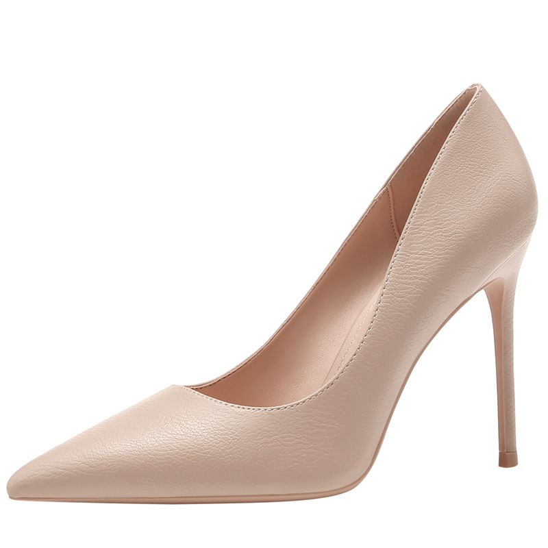 Lychee Pattern Heel Pointed Toe Single For Women Korean Style Elegant Sheepskin Sole High Heels Slip-On Solid Color_voghion.com
