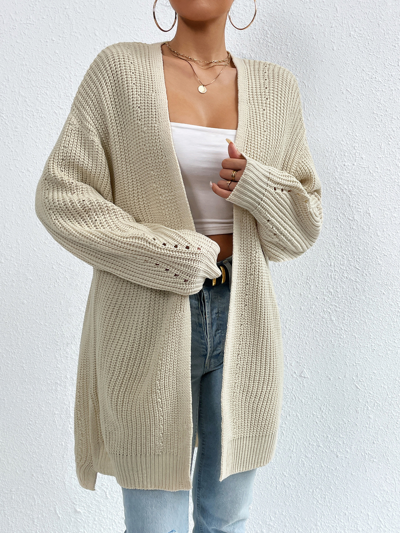 Veste pull mi-longue à col en v, ample, couleur unie, style paresseux, cardigan tricoté pour femme, automne et hiver_voghion.com
