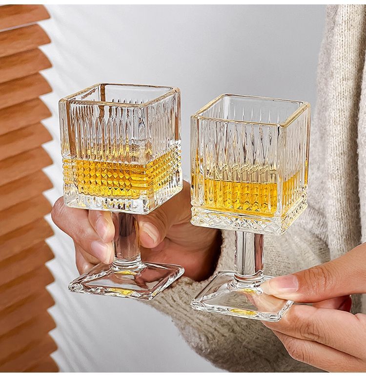 Exquisite European Style Embossed Flower Goblet Square Small Wine Household Liquor Shot Spirits Glass Cup_voghion.com