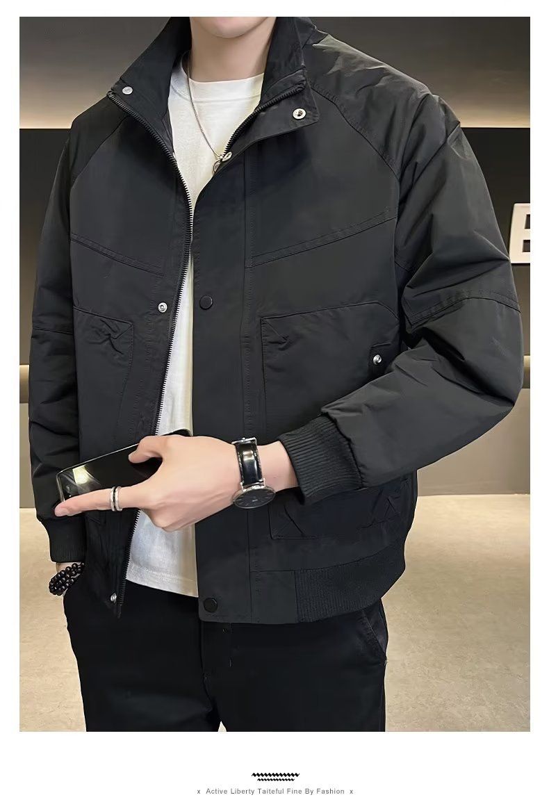 "Herren-Arbeitsjacke mit Stehkragen - Leichter Freizeitmantel aus Polyester mit Reißverschluss und Seitentaschen (Khakigrün/Schwarz, M-3XL)"_voghion.com