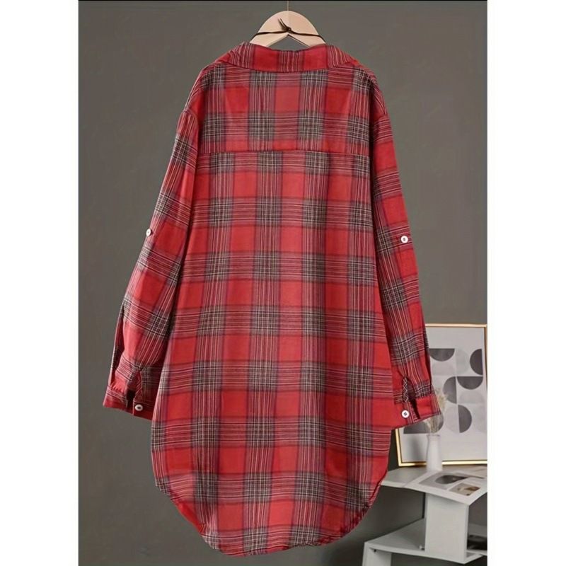 Verve Plus Size Plaid Baumwolle Leinen Damen Ärmel Lässig Stilvoll Lange Mode Lose Hemdjacke_voghion.com