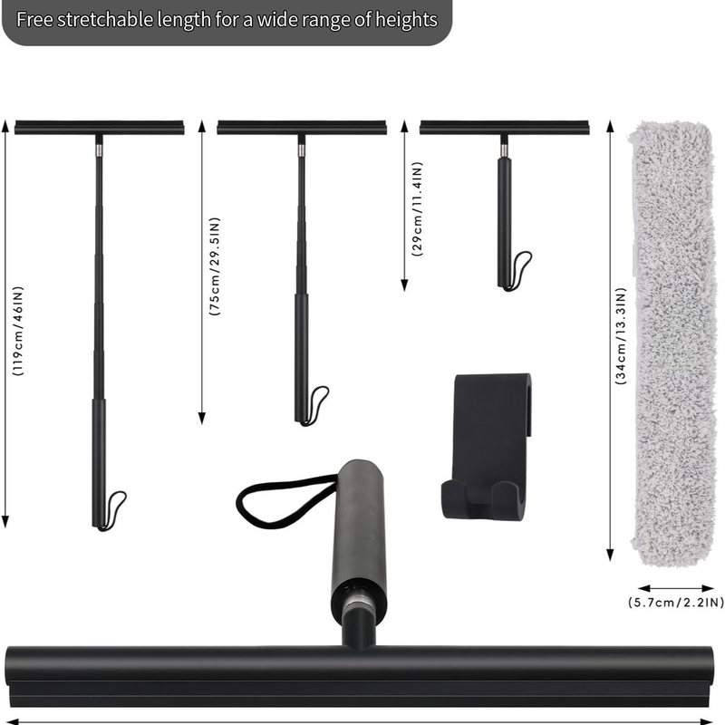 Limpiador de ducha telescópico negro para puertas de vidrio, paredes de ducha con azulejos y baños - 117 cm - Incluye gancho de succión, ideal para vidrios de ducha_voghion.com