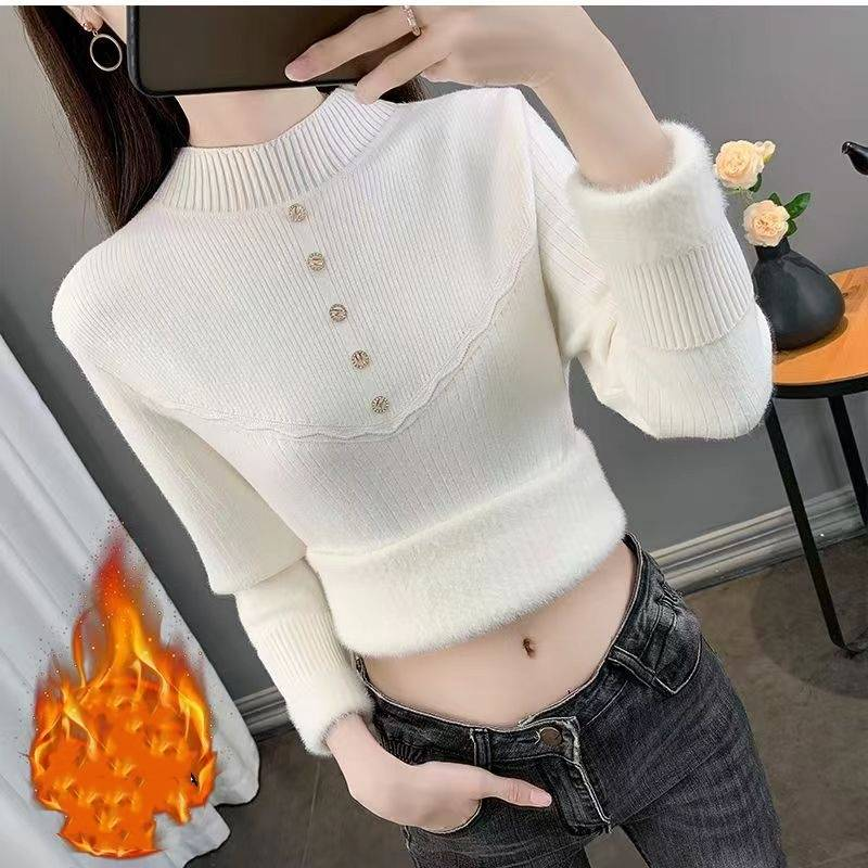 Îmbrăcăminte pentru femei Pulover din fleece cu guler semiînalt, din pluș și îngroșat, cu margine din lemn pentru urechi, cămașă caldă_voghion.com