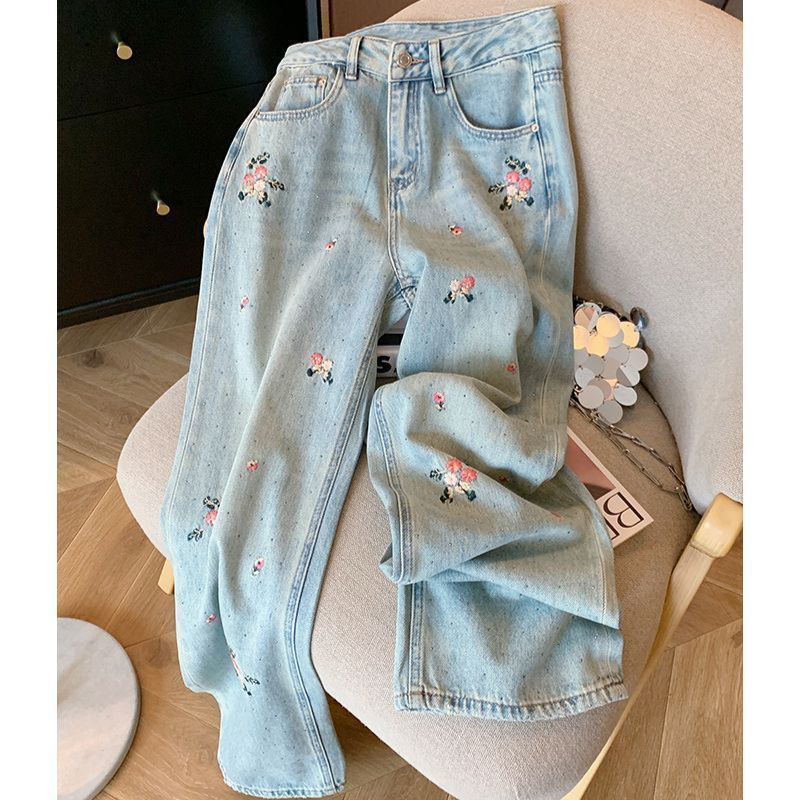 Nuovi jeans dritti ricamati a fiori in stile cinese per le donne 2024 pantaloni larghi a vita alta con design primaverile_voghion.com