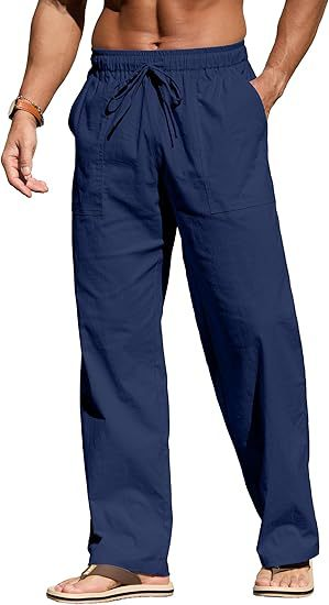 2025 Men's Linen Casual Long Pants, Large-sized Loose Drawstring Pocket Beach Pants For Men_voghion.com