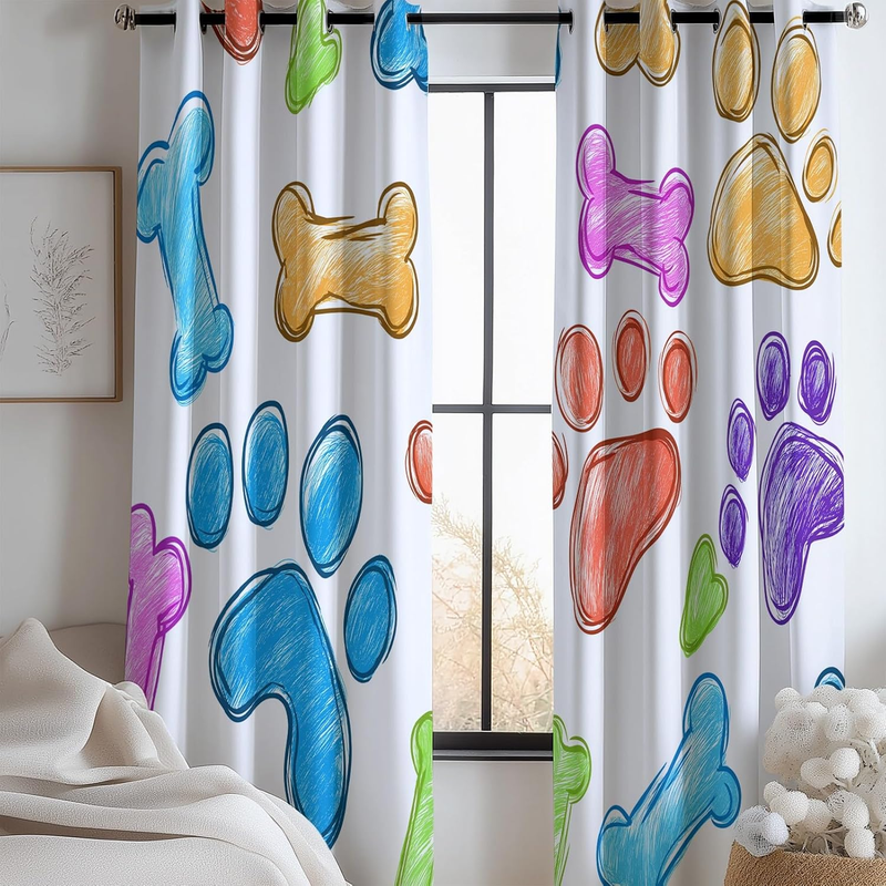 Vorhänge mit Graffiti-Farben, Hundepfotenabdruck-Muster, Fenstervorhänge für Jungen und Mädchen, Verdunkelungsvorhang mit Ösen, Thermo-Raumverdunkelungsvorhänge_voghion.com