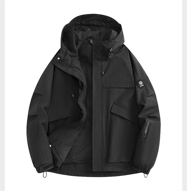 Novo traje de montanhismo 2025, jaqueta impermeável multifuncional com capuz de cor sólida, corta-vento masculino com vários bolsos_voghion.com