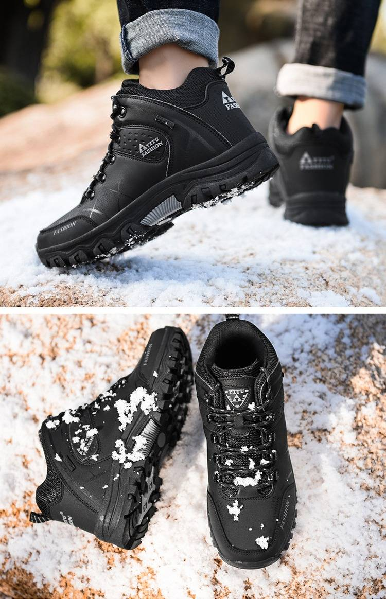 Scarponi da trekking invernali da uomo - Scarpe impermeabili in pelle con fodera in pile, suola in gomma antiscivolo per trekking all'aperto e terreni innevati_voghion.com