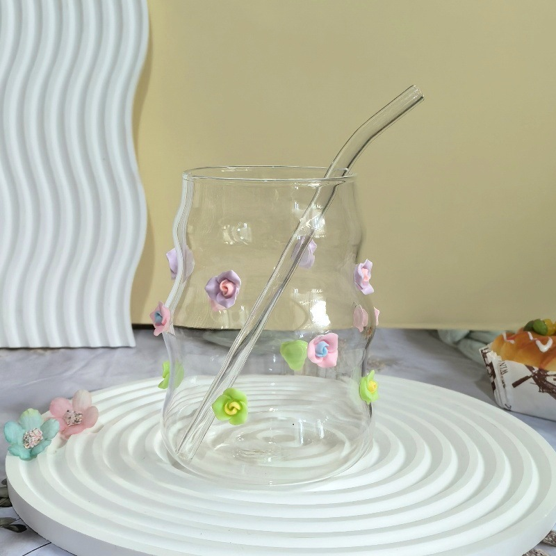 Kreativer Rosenglasbecher, hochwertiger Nischen-Saft-Milchteebecher, exquisiter Becher, Wasserbecher mit großem Fassungsvermögen und Strohhalm_voghion.com