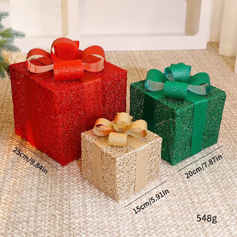 Christmas Decoration Gift Box Trio Set – Stackable Festive Gift Boxes In 10 Elegant Styles (Red/Green/Gold Grid, Glam Gold, Flocked Snow)_voghion.com