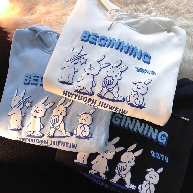 Felpa con cappuccio a forma di coniglietto per donna e uomo, stile casual, foderata in pile, stile autunnale e invernale, per coppie_voghion.com