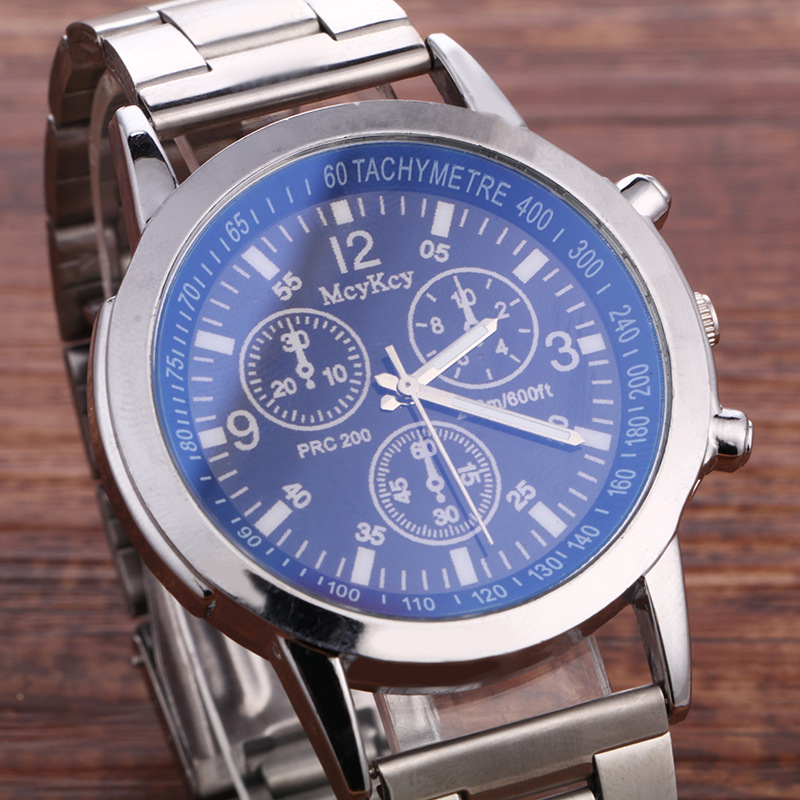 Barevné modré světlo sklo tři oči ocelový pásek quartz dárkové pánské hodinky_voghion.com