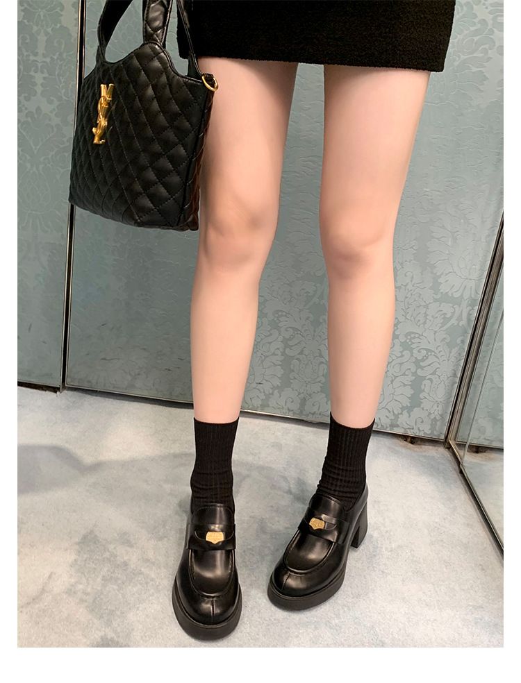 Super Soft Version~Little Gold Coin Loafers Women's British Soled High Heels, Thick Heels French Jk Lazy Little Leather_voghion.com