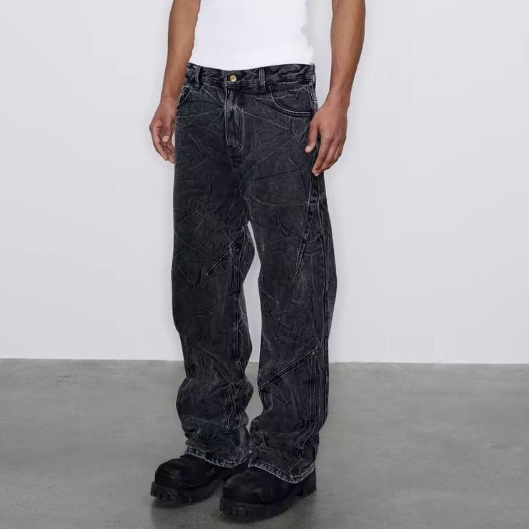 Abbigliamento maschile Jeans lavati Cleanfit Retro Snowflake per uomo Pantaloni dritti con pieghe ondulate e rovinate, resistenti e usurati_voghion.com