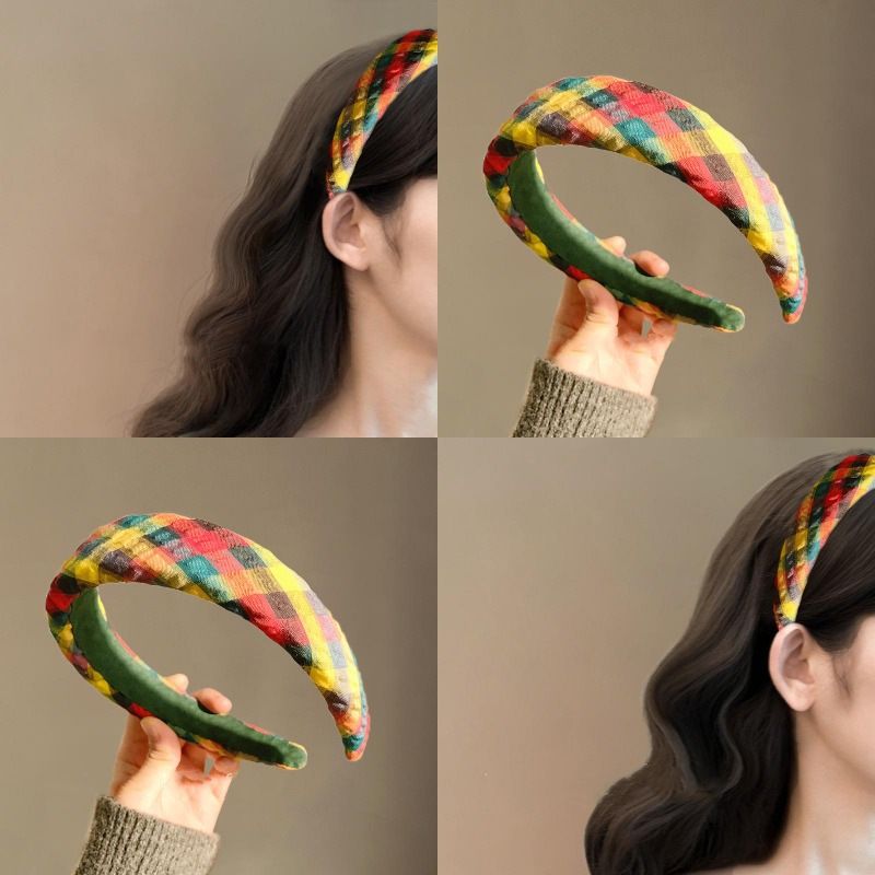 Posa Giallo Verde~Tessuto a griglia Bordo largo con parte superiore a forma di teschio alto, accessorio per capelli con fascia a griglia semplice_voghion.com